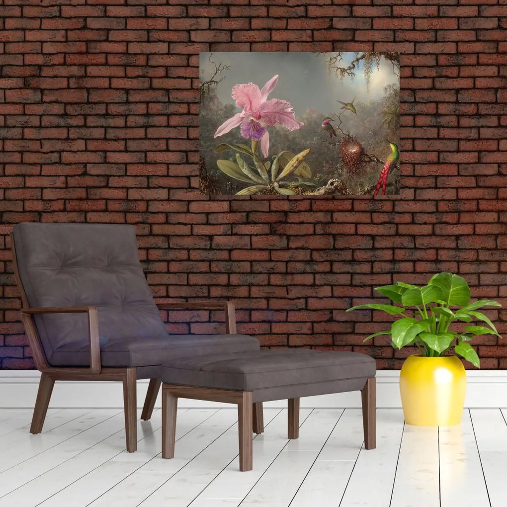 Tablou pe sticlă - Martin Johnson Heade, Cattleya Orchid and Three Hummingbirds, reproducere (70x50 cm)