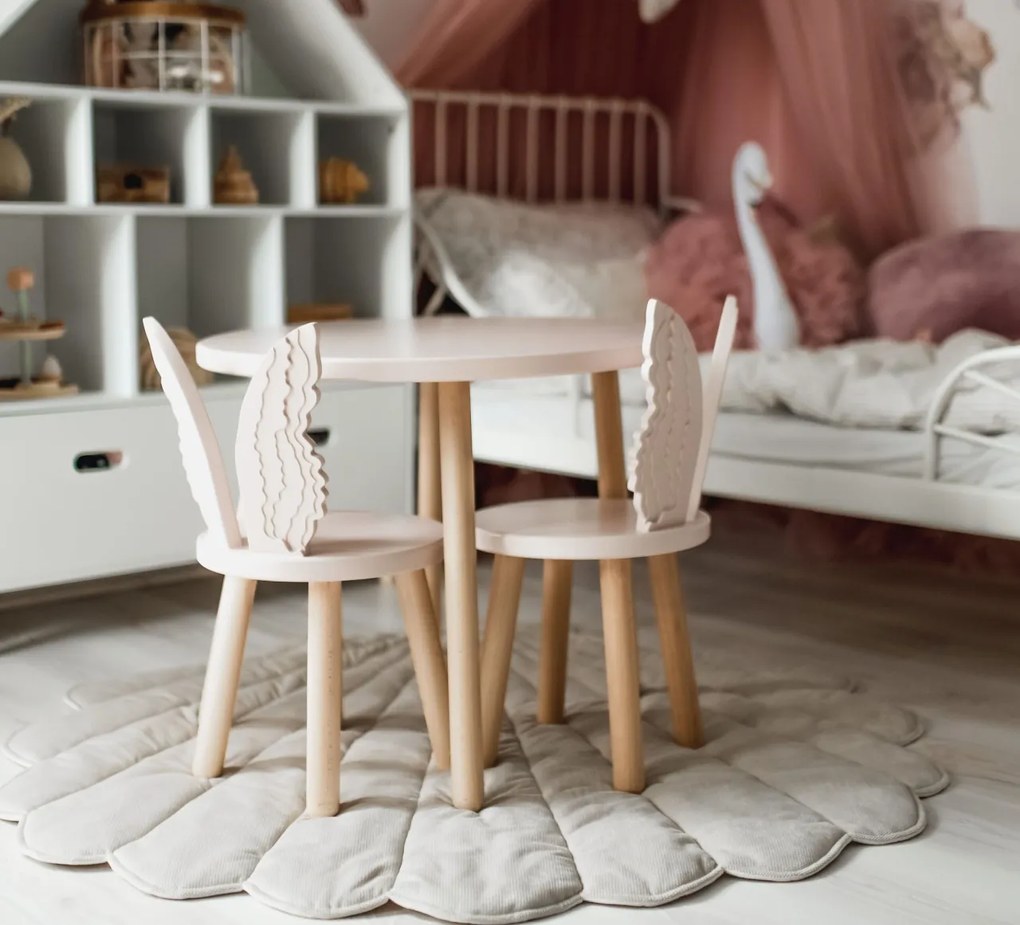 Set masuta rotunda roz si 2 scaunele ingeras roz
