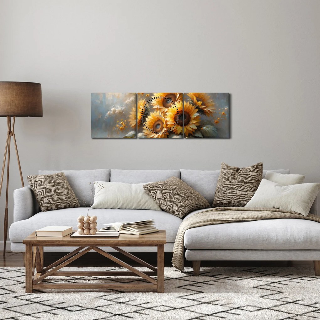 Tablou - Pictură cu floarea-soarelui (cu ceas) (90x30 cm)