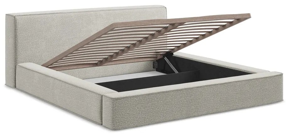 Pat dublu tapițat gri deschis cu spațiu de depozitare cu grilă 160x200 cm Noho - Makamii