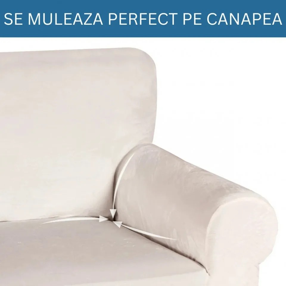 Set huse elastice din catifea pentru canapea 3 locuri + 2 fotolii, cu brate, crem, HCCJS-03