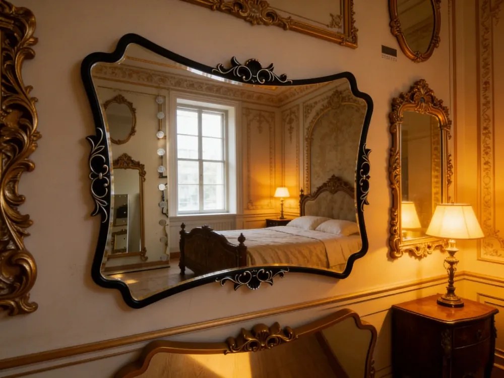 Oglindă decorativă de perete, ramă negru-auriu antichizată, 60x80 cm