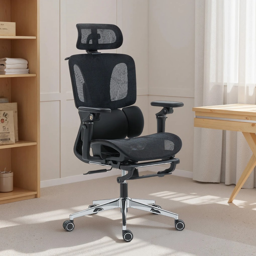 HOMCOM Scaun de Birou Ergonomic din Plasă cu Cotiere, Tetieră, Spătar Reglabil, Funcție Legănare, Negru | Aosom Romania