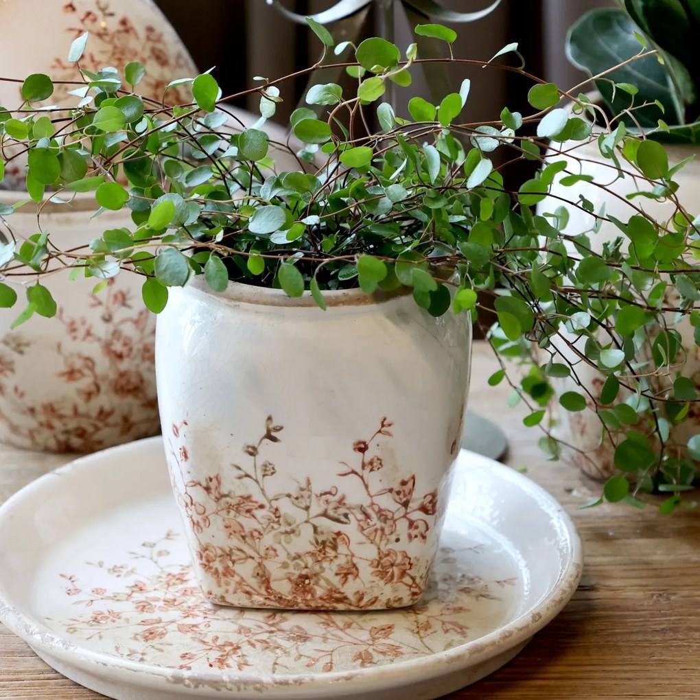 Ghiveci crem, din ceramica, cu motive florale, H13/D12cm, Chaville