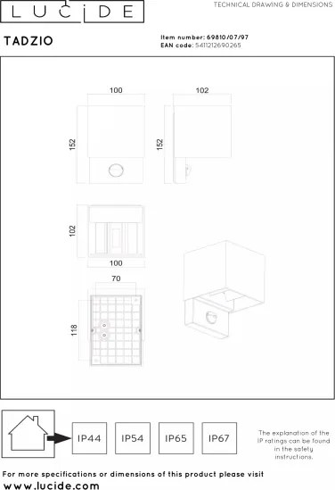 Lucide 69810/07/97-LED Corp de iluminat exterior cu senzor de mișcare TADZIO LED/7W/230V IP65