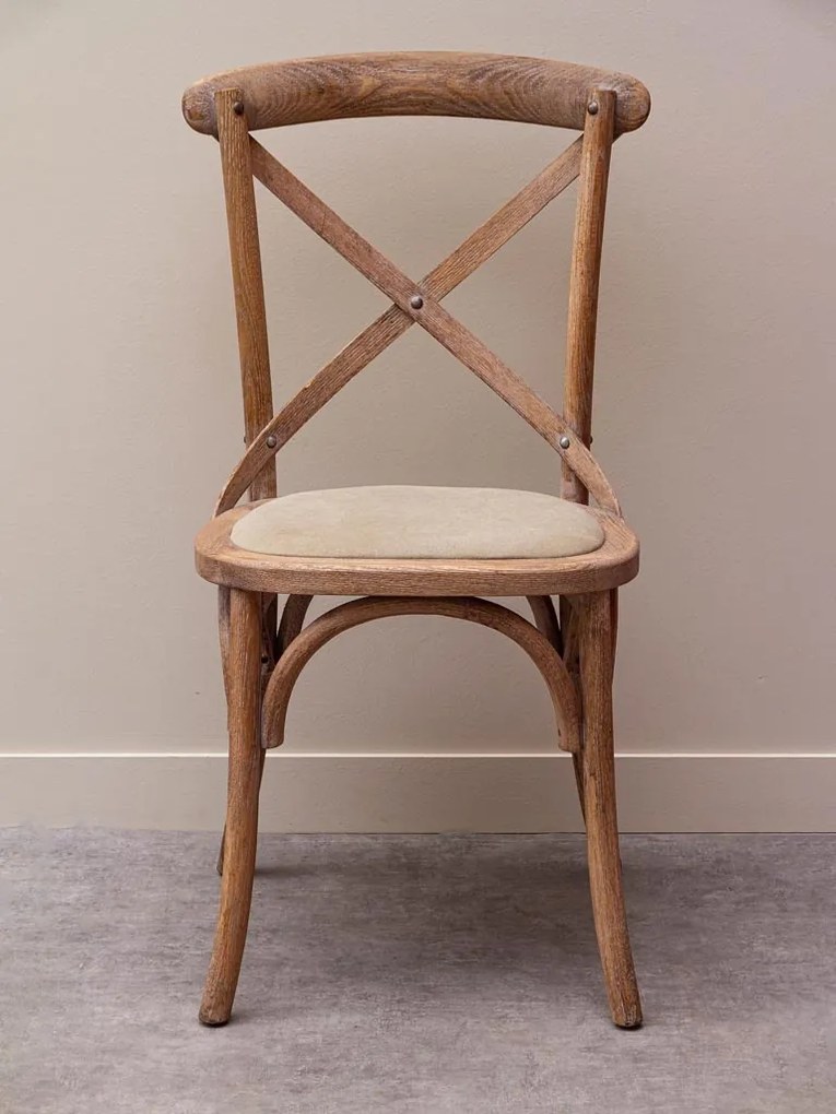 Scaun dining din lemn de stejar și bumbac, bej, cu spătar încrucișat în X, șezut tapițat și arce curbate, 90 x 44 x 42 cm, „Marius”