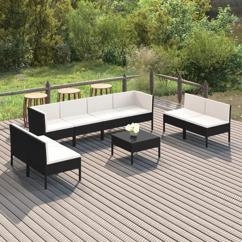 3094360 vidaXL Set mobilier de grădină cu perne, 9 piese, negru, poliratan