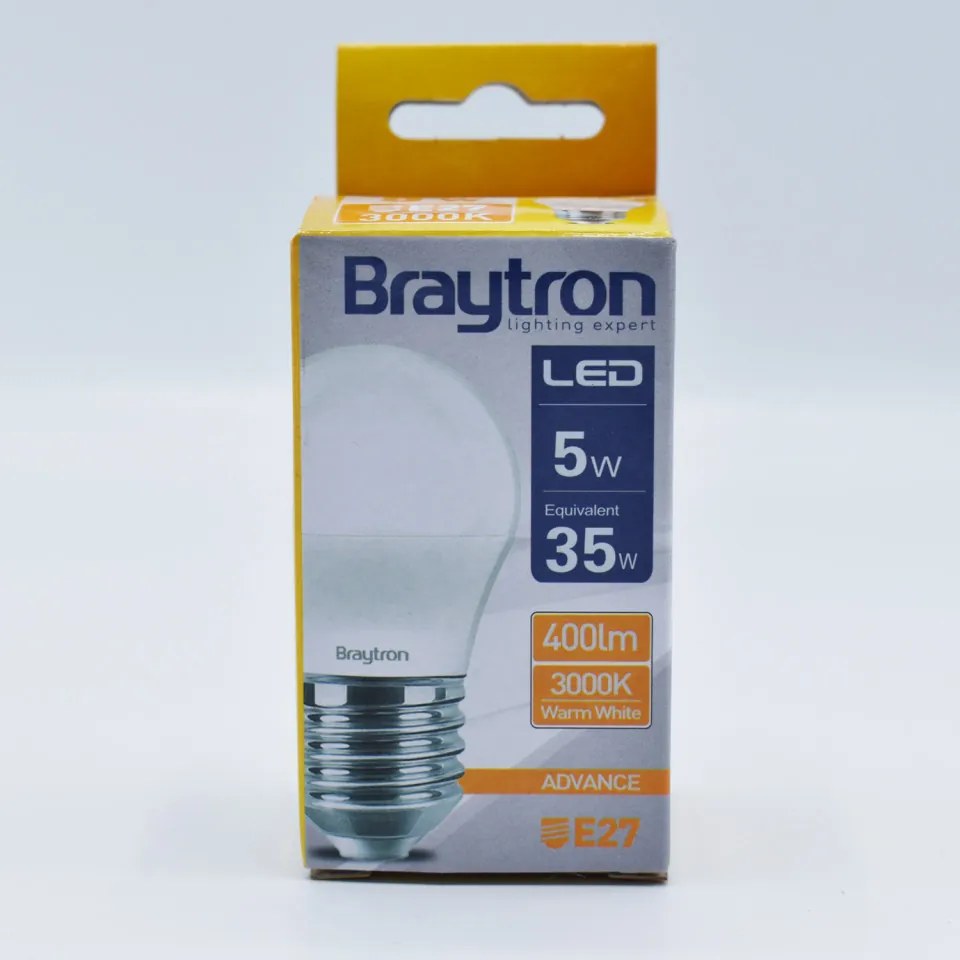 Bec LED 5W(35W) Braytron, G45, E27, 450 lm, lumina calda (3000 K), clasa energetica F