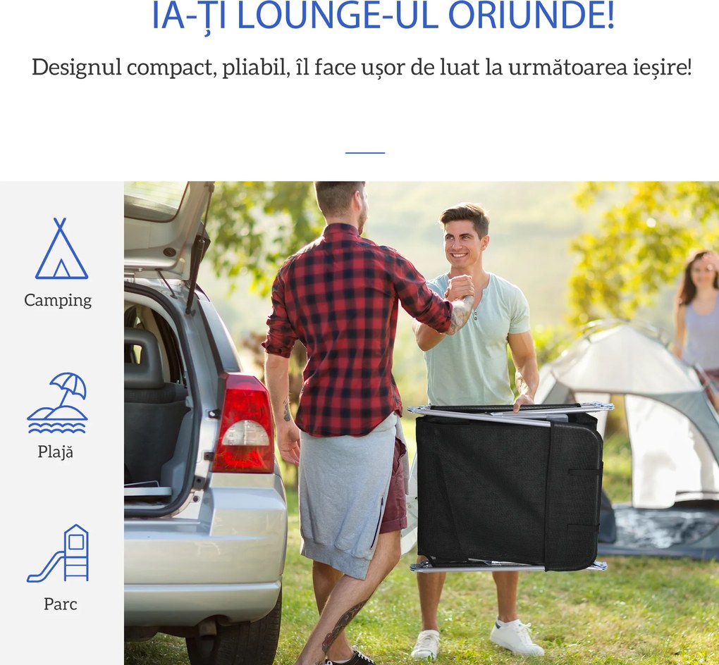 Outsunny Șezlong Pliabil cu Spătar Reglabil pe 5 Nivele și Pernă, Șezlong de Grădină cu Material Respirabil Textilen, pentru Plajă, Piscină, Grădină, 182x56x28 cm, Negru | Aosom Romania