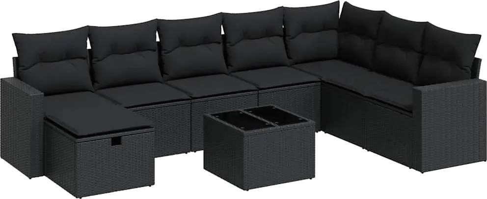 vidaXL Set mobilier de grădină cu perne, 9 piese, negru, poliratan