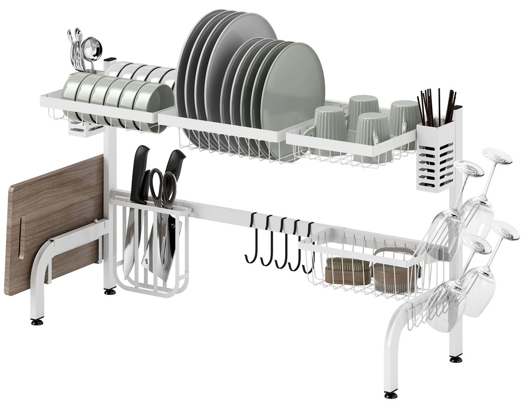 HOMCOM Scurgător din oțel cu 2 niveluri pentru chiuvetă, cu suport pentru tocător și tacâmuri, 100x30x54,5cm, alb | Aosom Romania