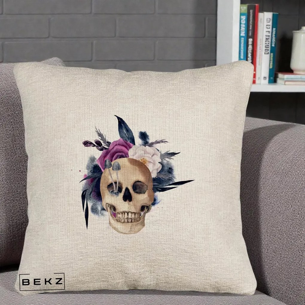 Perna Decorativa Craniu Floral cu Trandafiri si Ciuperci, 40x40 cm, Bej Canapea, Husa Detasabila, Perna Inclusa, BEKZ®