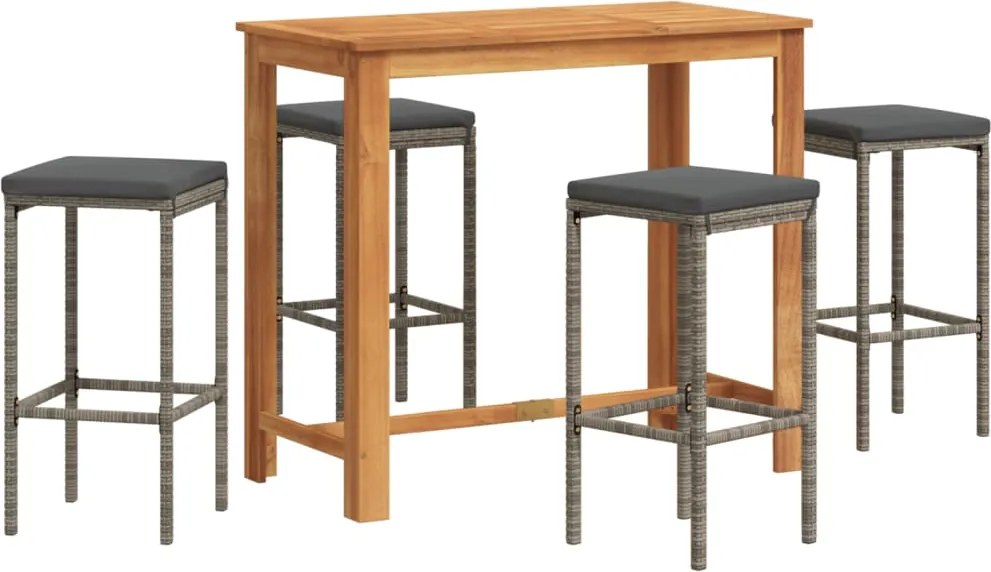 vidaXL Set bar de grădină, 5 piese, gri, lemn masiv acacia/ poliratan