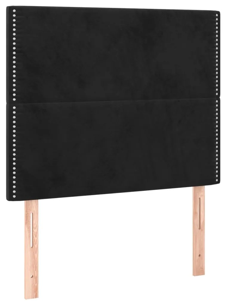 Pat cu arcuri, saltea si LED, negru, 90x200 cm, catifea Negru, 90 x 200 cm, Culoare unica si cuie de tapiterie