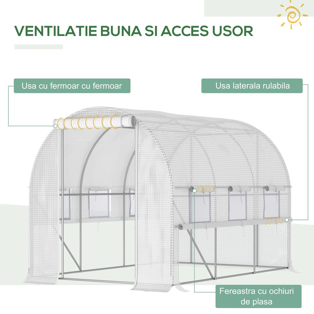 Outsunny Seră de Grădină Tip Cort Tunel din Policarbonat, pentru Cultivarea Legumelor și Fructelor, Alb | Aosom Romania