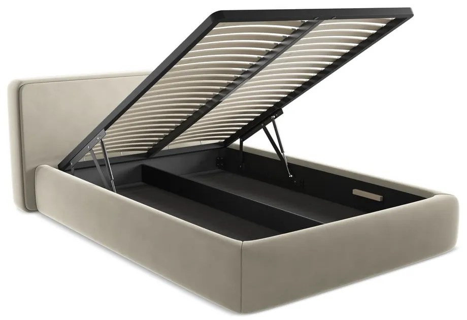 Pat matrimonial crem tapițat cu spațiu de depozitare cu somieră 160x200 cm Kiana – Makamii