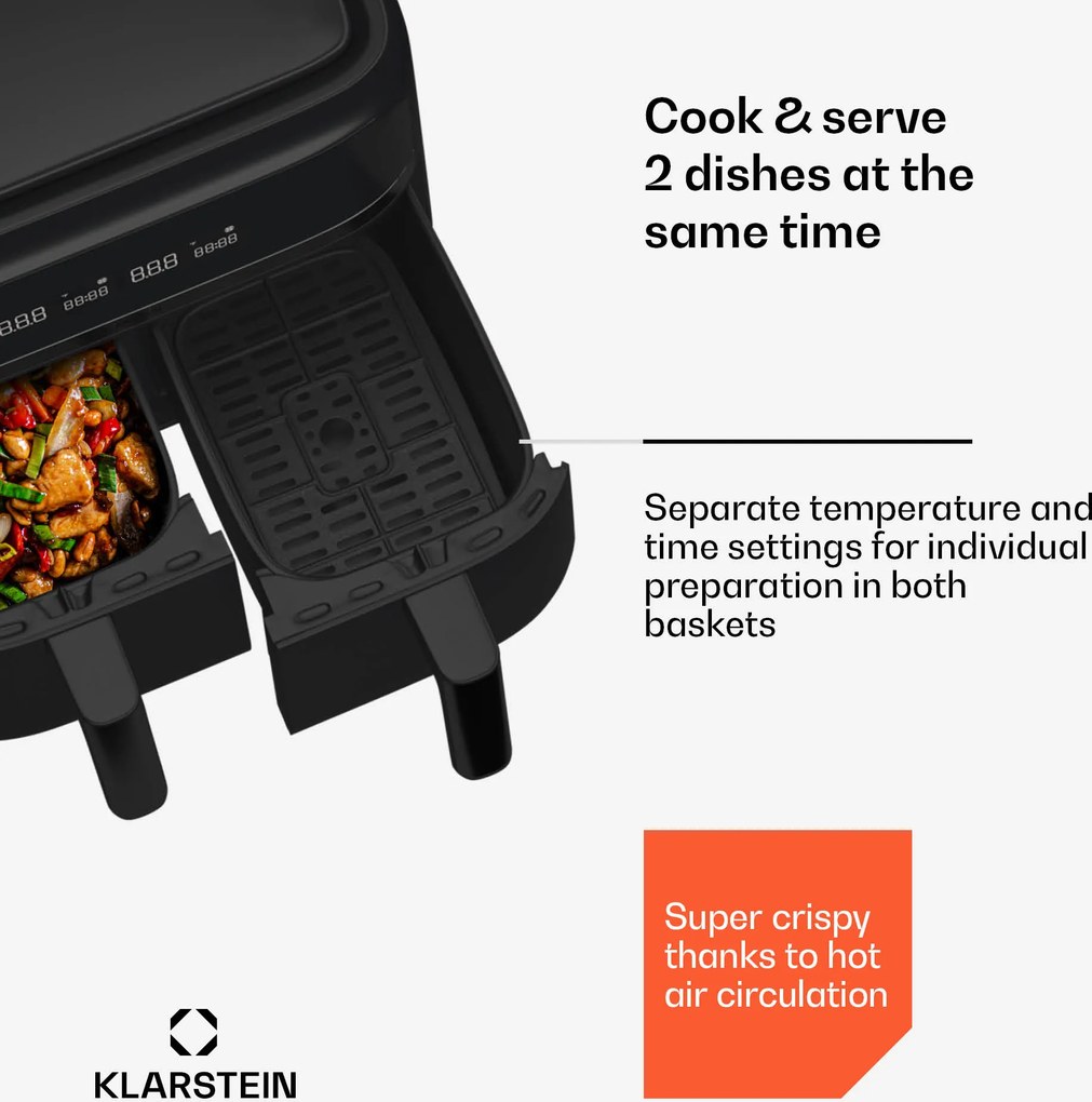 Klarstein Friteuză cu aer cald VitaFry Duo 7,6 litri 2 zone de gătit 6 programe