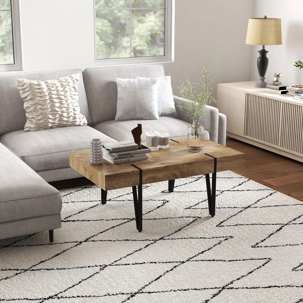 HOMCOM Masă de Cafea Dreptunghiulară Stil Industrial Picioare în Formă de Ace Metal Negru Placă Aspect Bastaing Vechi Lemn | Aosom Romania