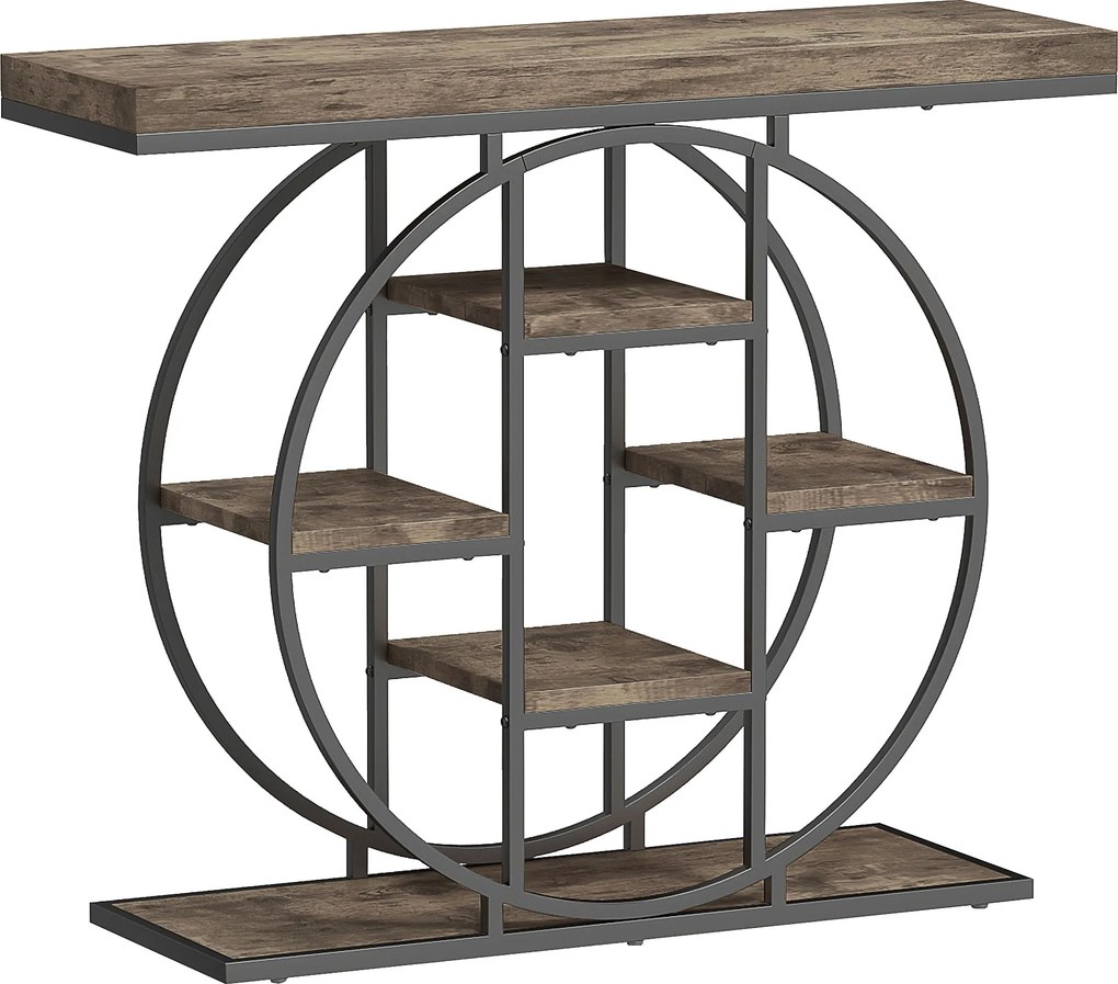 HOMCOM Masă consolă industrială cu rafturi și cadru circular din oțel, 100 x 30 x 81,5 cm, maro rustic | Aosom Romania