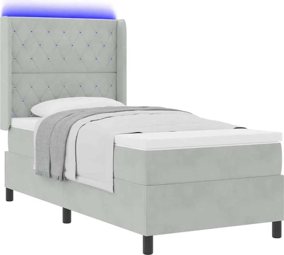 vidaXL Pat cu arcuri cu saltea cu led Gri deschis 100 x 200 cm Catifea