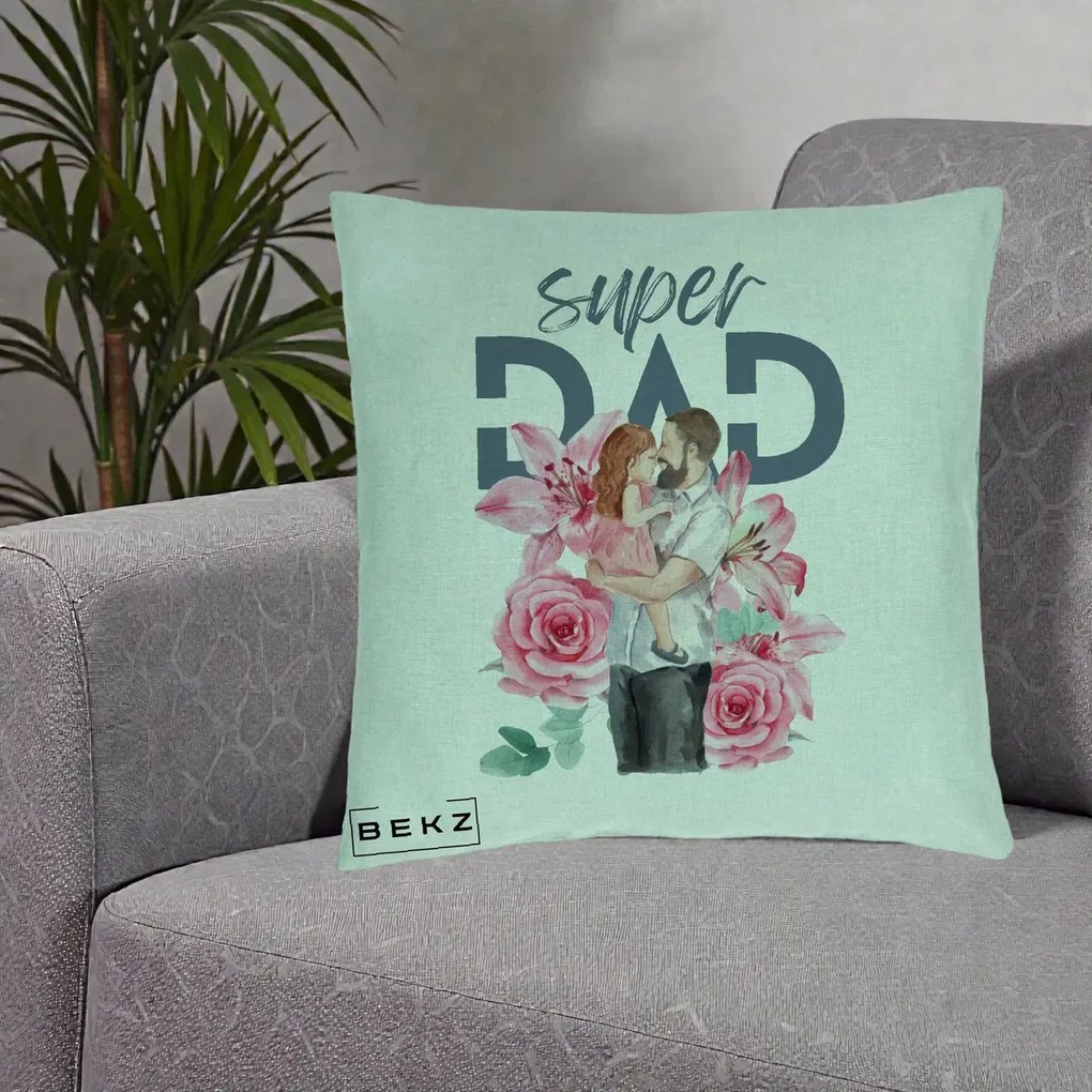 Cadou pentru Tata - Perna Personalizata Super Dad Tata cu Fetita si Flori, 40x40 cm, Verde Menta, Husa Detasabila, Perna Inclusa, BEKZ®