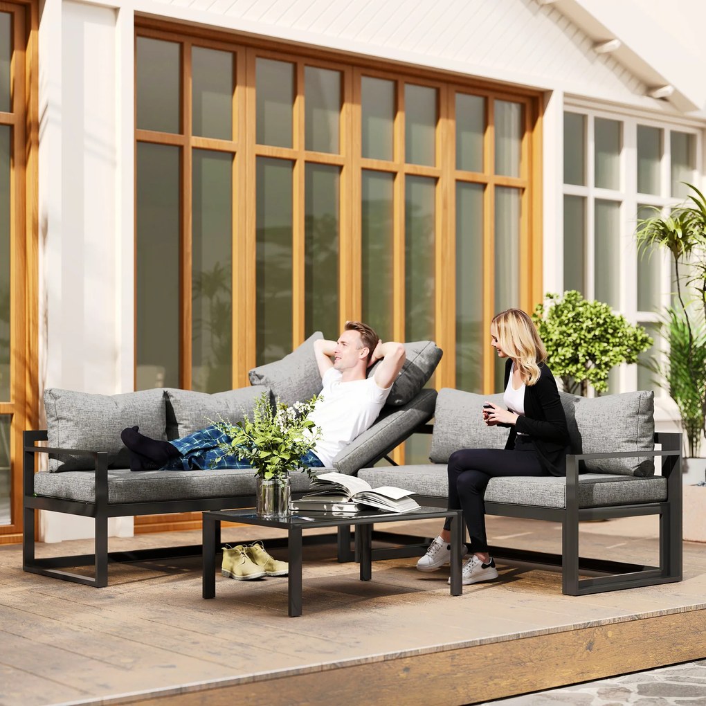 Outsunny Set Mobilier Gradina cu Canapea 3 Locuri, Scaun Adjustable, Set Canapele Exterior cu Masa Laterală și Perne, Aluminiu Gri | Aosom Romania