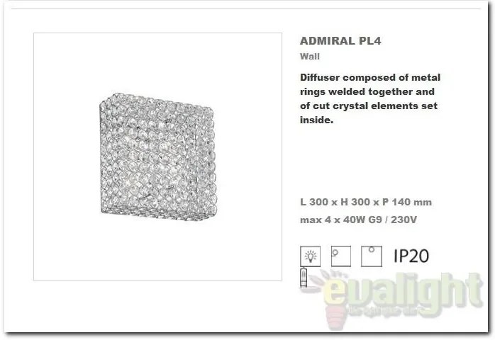 Aplica de perete cristal Venezian dim. 30x30cm ADMIRAL PL4 Cromo