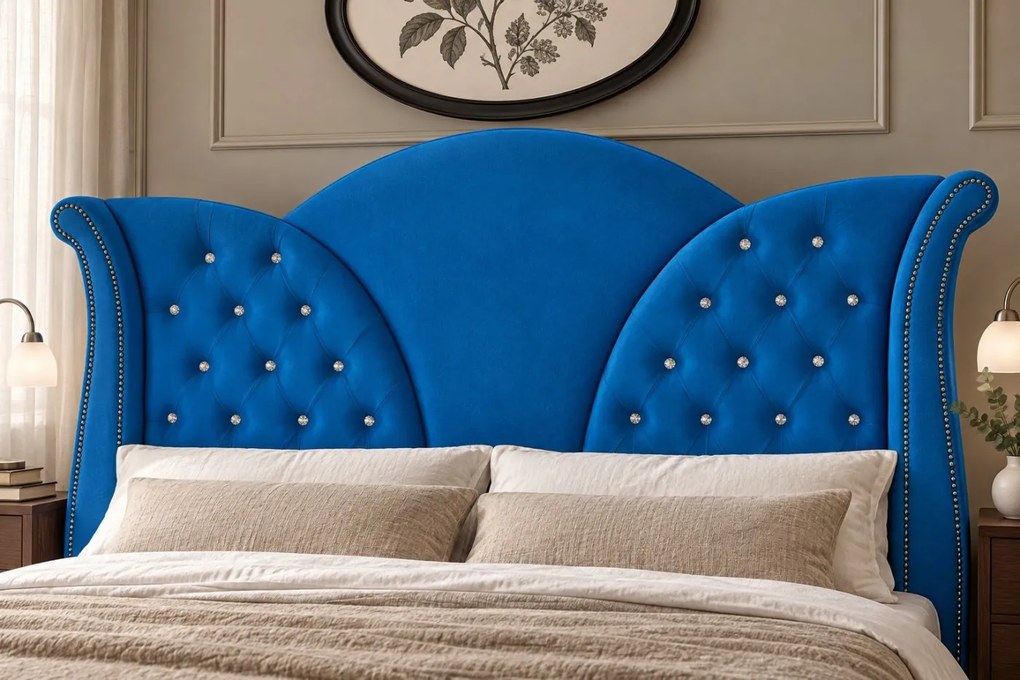Pat tapițat Chesterfield din catifea Velora Deluxe 140×200 cm, albastru, cu ladă de depozitare