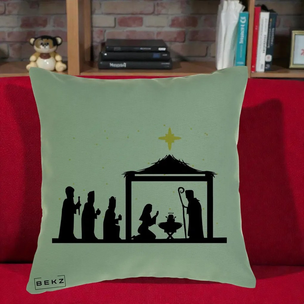 Perna Decorativa Nasterea Pruncului Silueta Neagra si Stea Aurie, 40x40 cm, Verde, Husa Detasabila, Perna Inclusa, BEKZ®