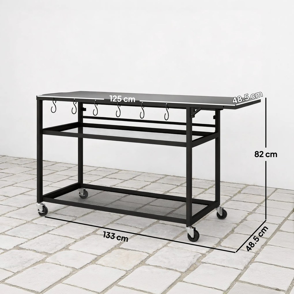 Outsunny Măsuță de grădină cărucior de grătar pe roți cu Blat Lateral Pliabil, Trei Rafturi, 133 x 48,5 x 82 cm, Negru | Aosom Romania