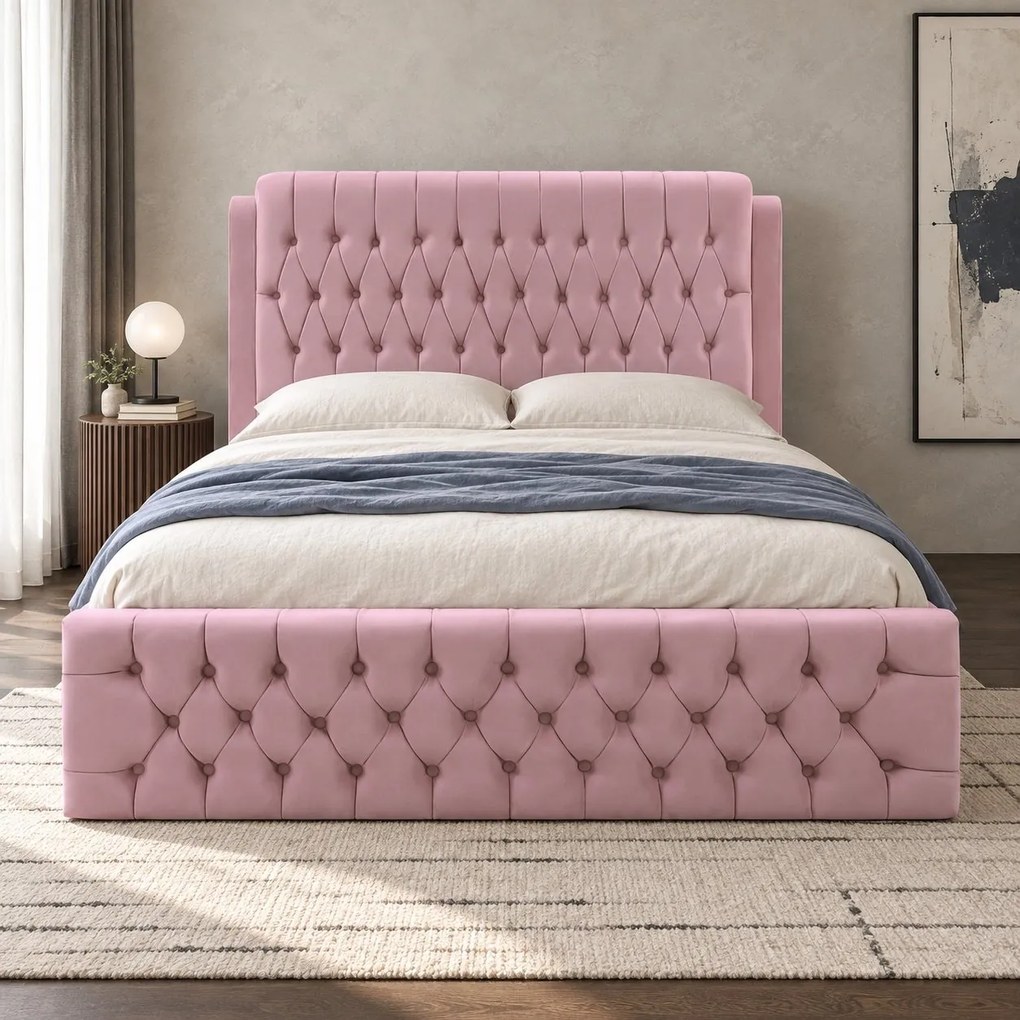 Pat tapițat din catifea Aveline 140×200 cm, roz, cu ladă de depozitare