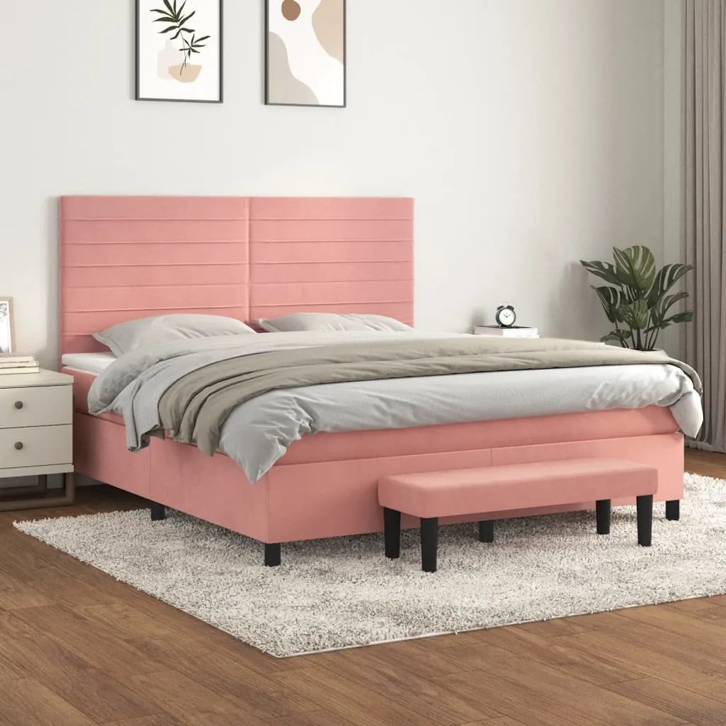 3137922 vidaXL Pat box spring cu saltea, roz, 180x200 cm, catifea