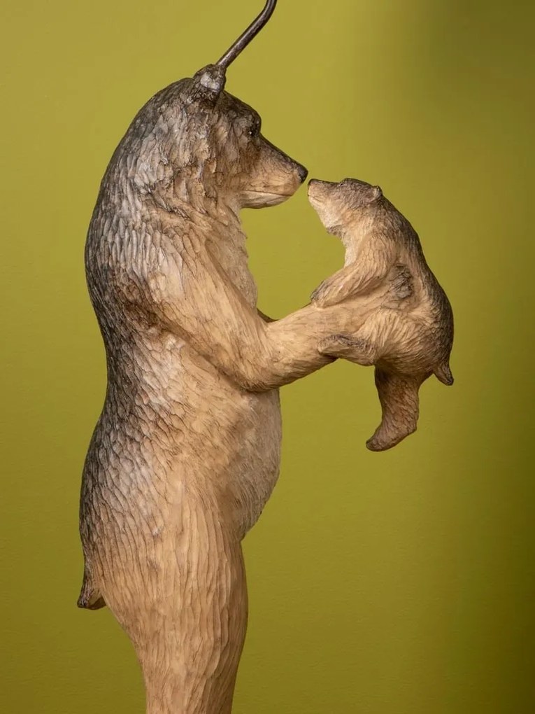 Lampă de masă din bumbac negru, cu structură din rășină maro în formă de urs cu pui, finisaj patinat, 60×36 cm, „Grizzly"
