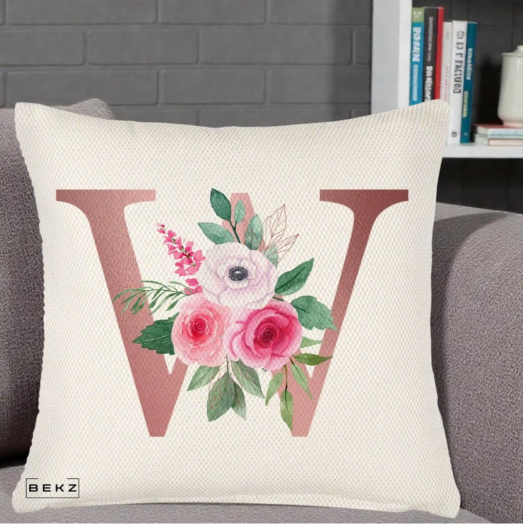 Cadou Personalizat - Perna Personalizata Monograma Rose Gold Litera W cu Trandafiri si Anemona, 40x40 cm, Crem Reliefat, Husa Detasabila, Perna Inclusa, BEKZ®