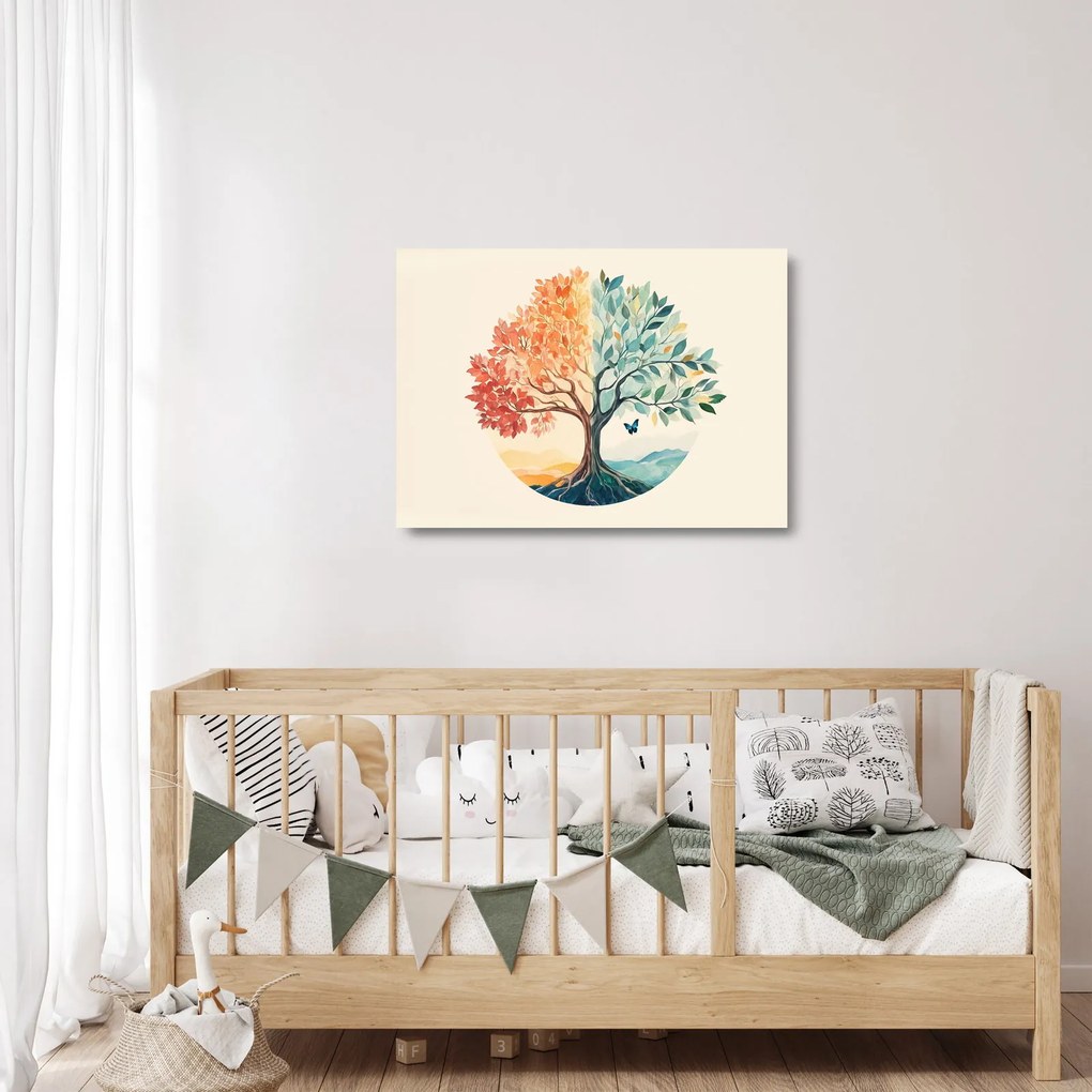 Tablou pe sticlă – Arbore dual cu fluture (70x50 cm)