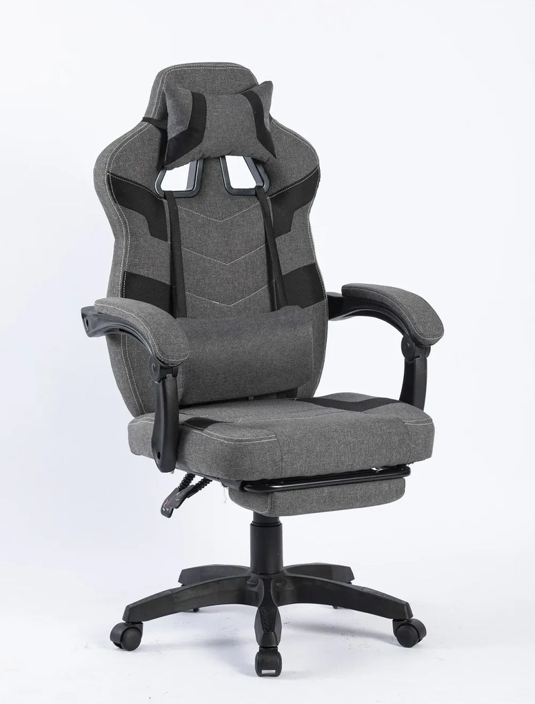 Scaun gaming, suport lombar cu masaj, rabatabil, suport picioare, material textil, Gri