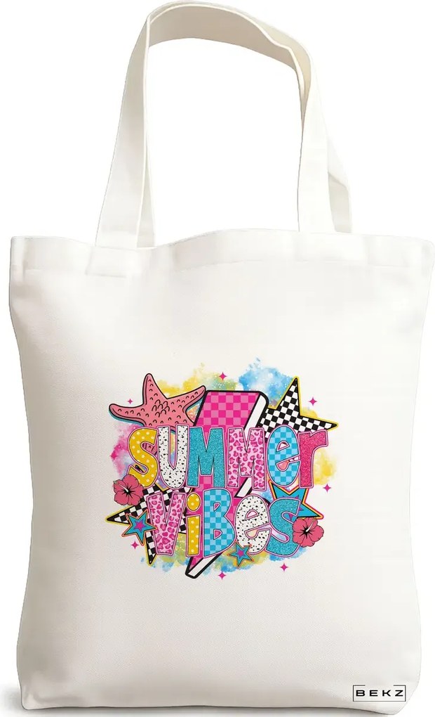 Sacosa de Panza pentru Cumparaturi, Geanta Tote, model Summer Vibes 2, 38 x 34.5 cm, Alba, BEKZ®