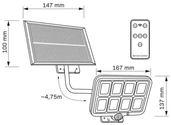 Reflector solar LED cu senzor INTEGRA LED/3W/3,7V IP44 + telecomandă