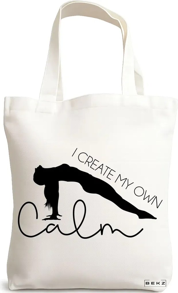Sacosa de Panza pentru Cumparaturi, Geanta Tote Yoga I create my own calm, 38x34.5 cm, Alba, BEKZ®