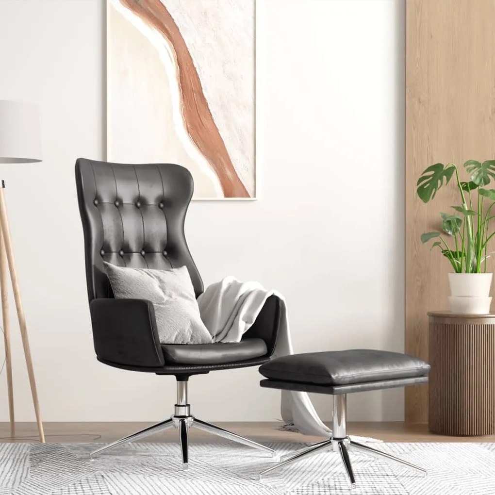 3097719 vidaXL Scaun de relaxare cu taburet, negru lucios, piele ecologică