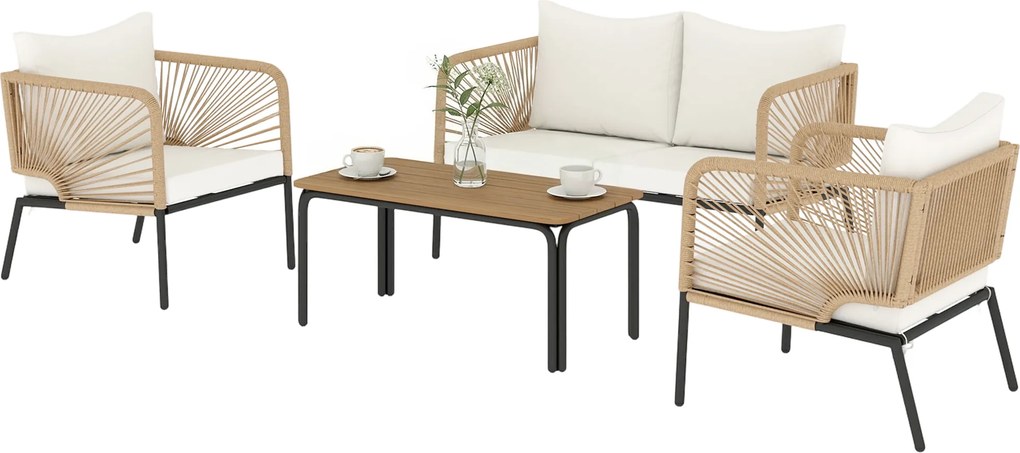Outsunny Set mobilier de grădină, grup de șezut pentru 4 persoane, lounge cu sofă 2 locuri, 2 fotolii, masă cu lamele, împletitură tip sfoară, perne lavabile | Aosom Romania