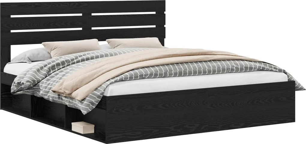 vidaXL Cadru de pat cu headboard Negru 200 x 200 cm Lemn de pin masiv