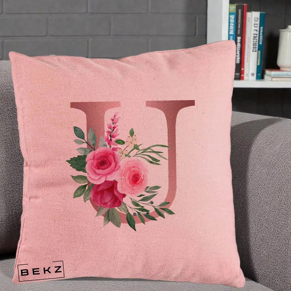 Cadou Personalizat - Perna Personalizata Monograma Rose Gold Litera U, 40x40 cm, Roz, Husa Detasabila, Perna Inclusa, BEKZ®