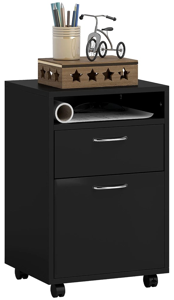 HOMCOM Dulap Mobil cu 4 Roți (2 cu Frână), Raft și 2 Sertare pentru Documente, PAL și Metal, 40x35x60 cm, Negru | Aosom Romania