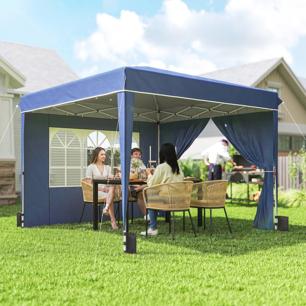 Outsunny Pavilion 3x3 m Pliabil Pop Up cu Înălțime Reglabilă, Pavilion de Grădină cu Pereți Laterali, Saci de Nisip, Geantă de Transport, UV50+, pentru Exterior Camping Petreceri, Albastru Închis | Aosom Romania