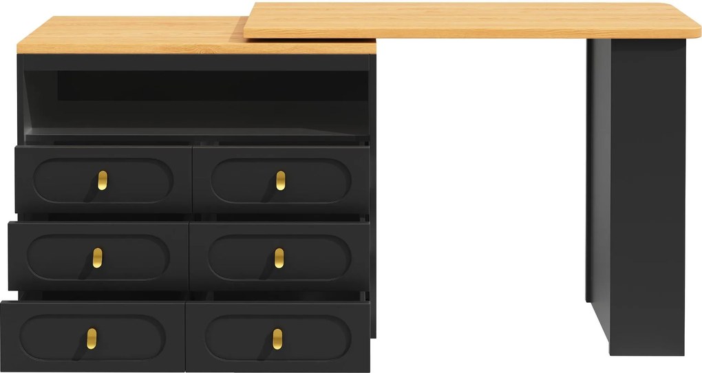 Masă de bar extensibilă cu rotire 360°, 6 sertare și raft lateral pentru gustări, 137-203x39x90 cm, Negru