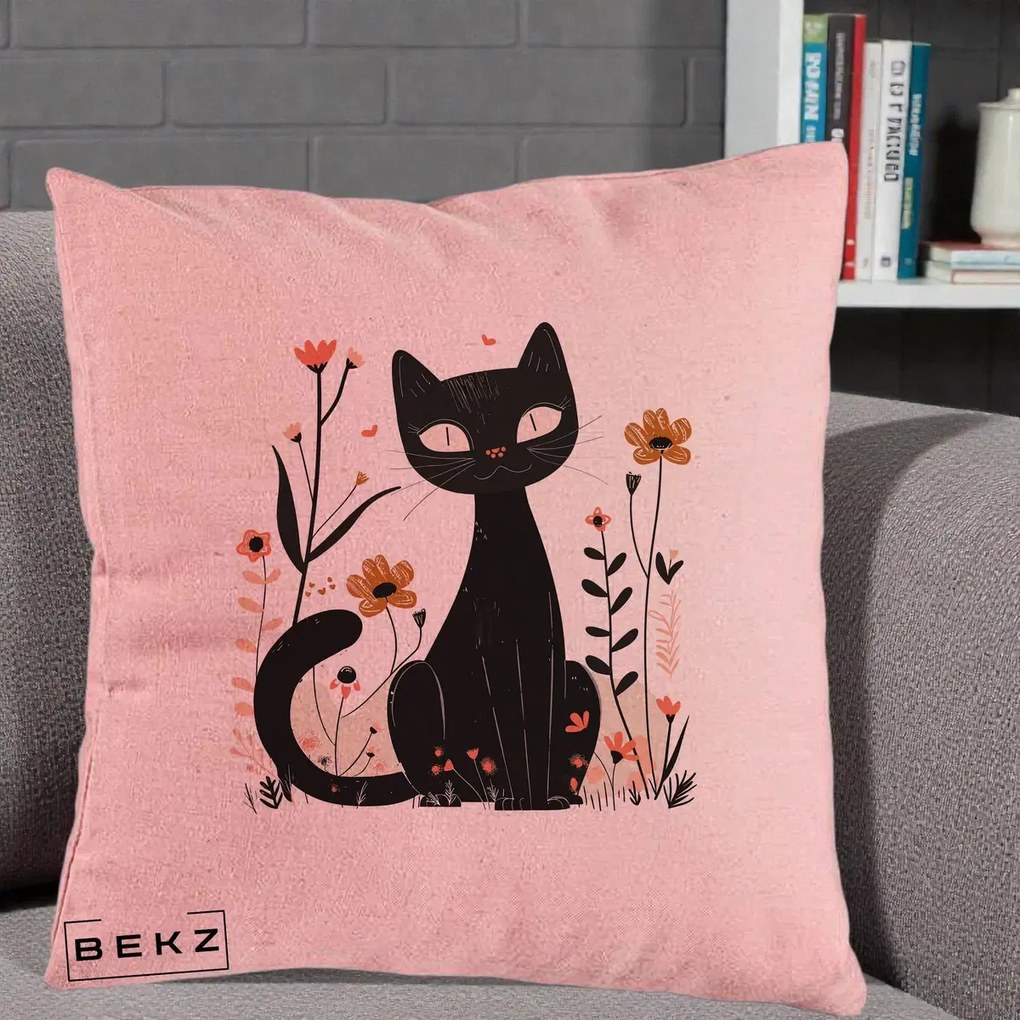 Perna Decorativa Pisica Neagra Flori Pastel Folk, 40x40 cm, Roz, Husa Detasabila, Perna Inclusa, BEKZ®