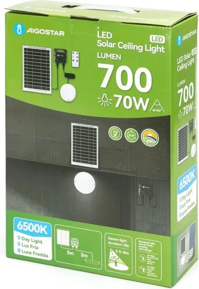 Aigostar - Plafonieră solară LED cu senzor, 3,7 V 6000 mAh, IP65 + telecomandă