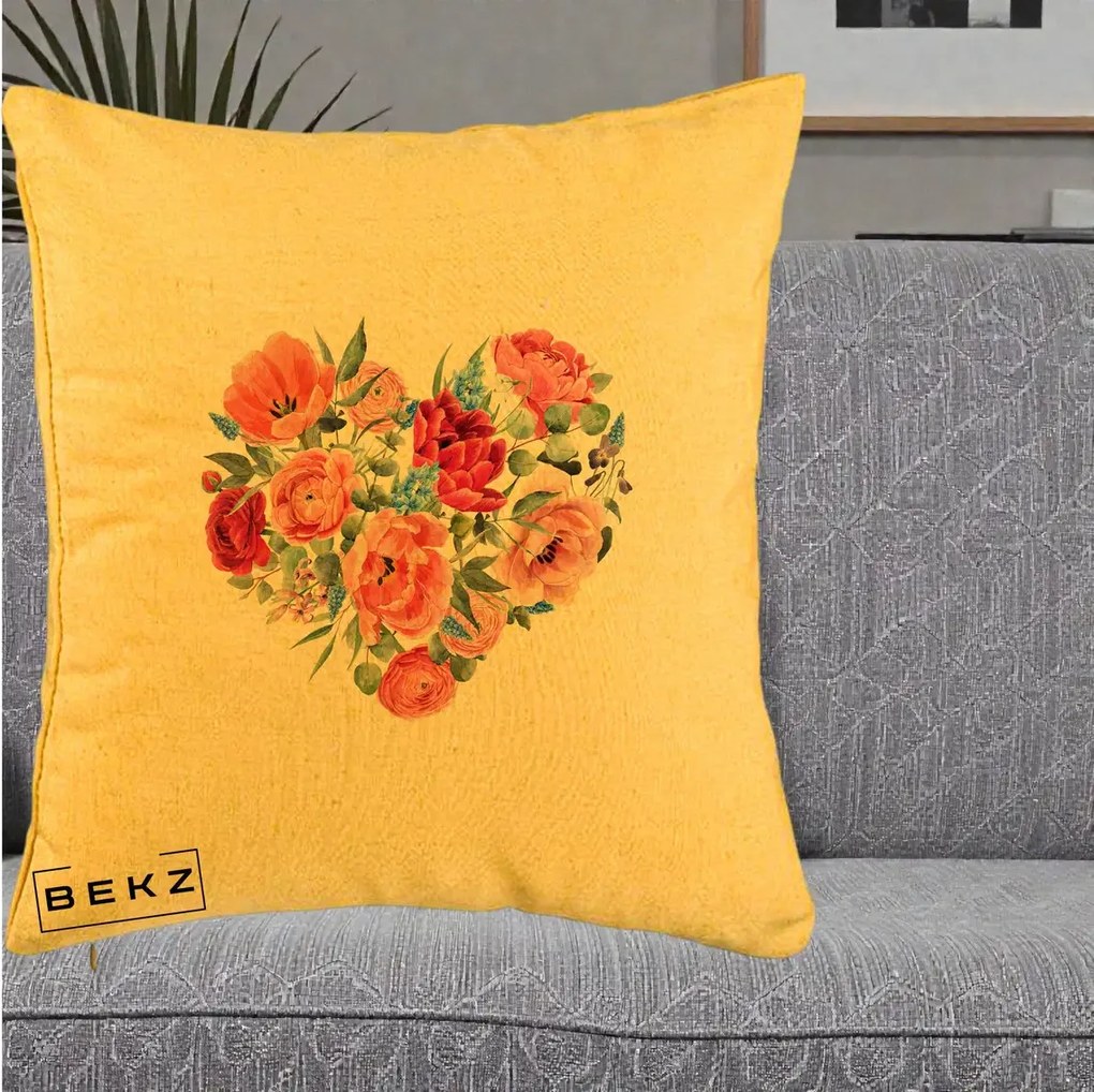 Perna Decorativa Inima din Bujori Acuarela, 40x40 cm, Galben, Husa Detasabila, Perna Inclusa, BEKZ®