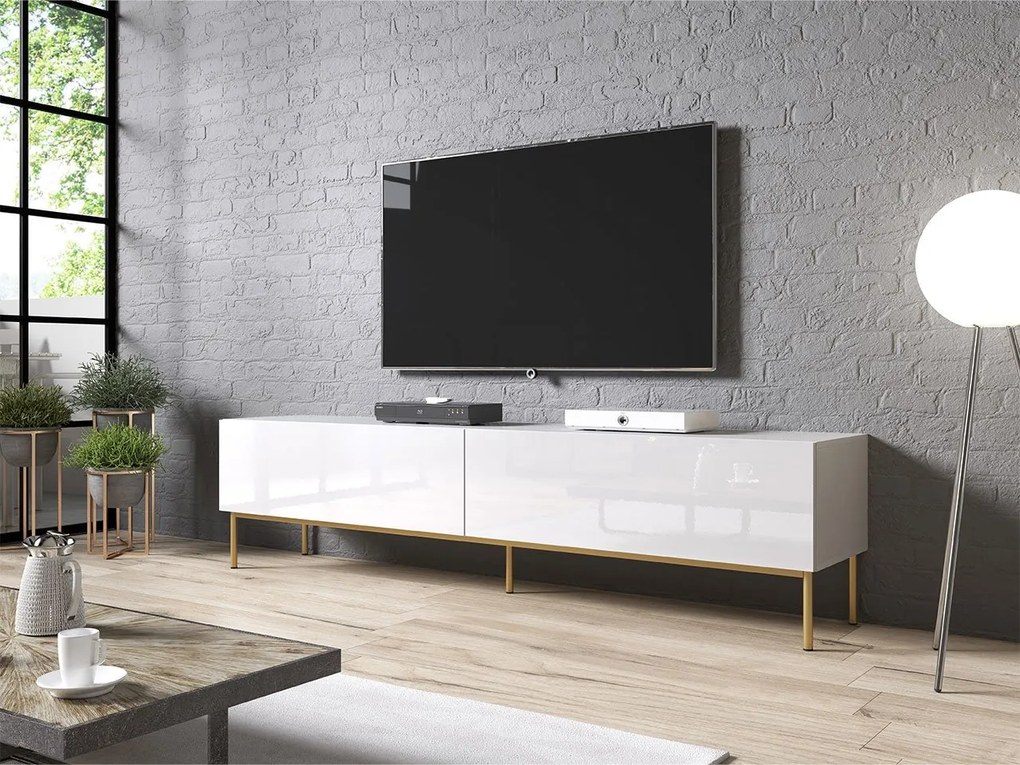 Masă TV/ Dulap 200 cu cadru metalic Kody (Alb + Alb lucios + Auriu). Promo -17%. 1070579